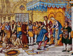 1492年にアメリカから帰国したバルセロナのカトリックキングス、アラゴンのフェルディナンド、カスティーリャのイザベラによるクリストファーコロンブスの受容を描いたタイル